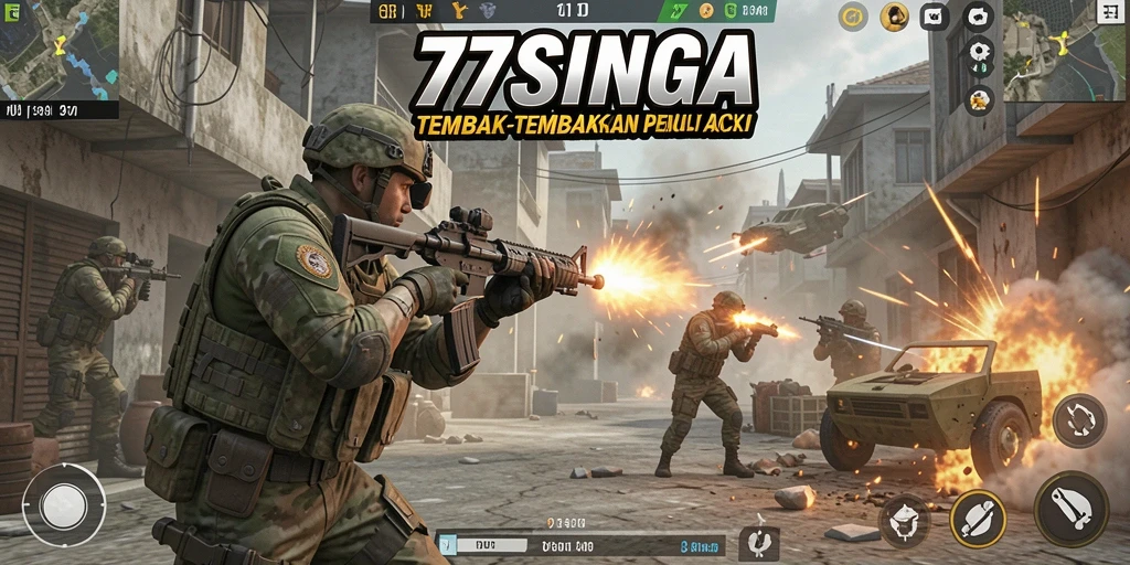 Tangkapan layar menunjukkan aksi tembak-menembak intens di 77SINGA.