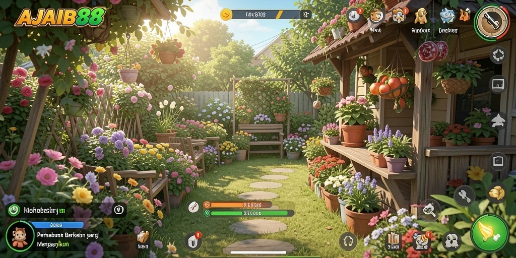 Tampilan gameplay AJAIB88 dengan latar kebun yang indah.