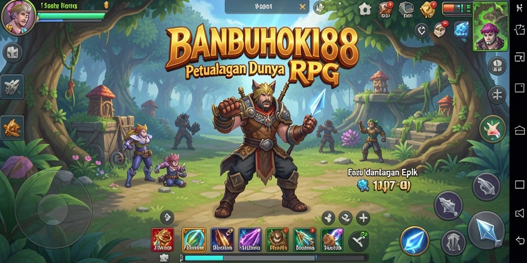 Tampilan gameplay dari BANBUHOKI88 dengan karakter petualang menjelajahi dunia.