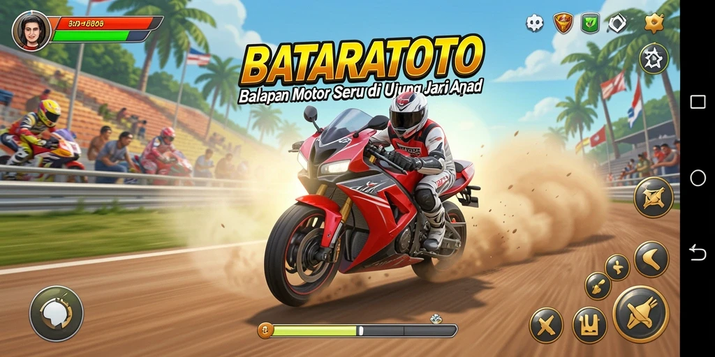 Tampilan utama gameplay BATARATOTO dengan balap motor yang seru.