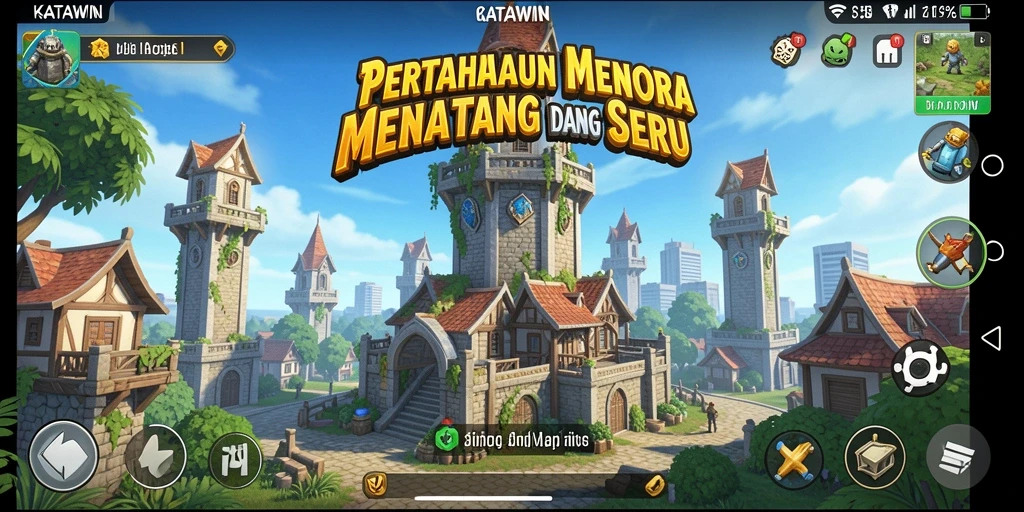 Tampilan gameplay KATAWIN yang penuh aksi dalam Tower Defense.