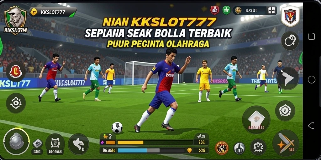 Screenshot utama KKSLOT777 menampilkan aksi seru di lapangan sepak bola.