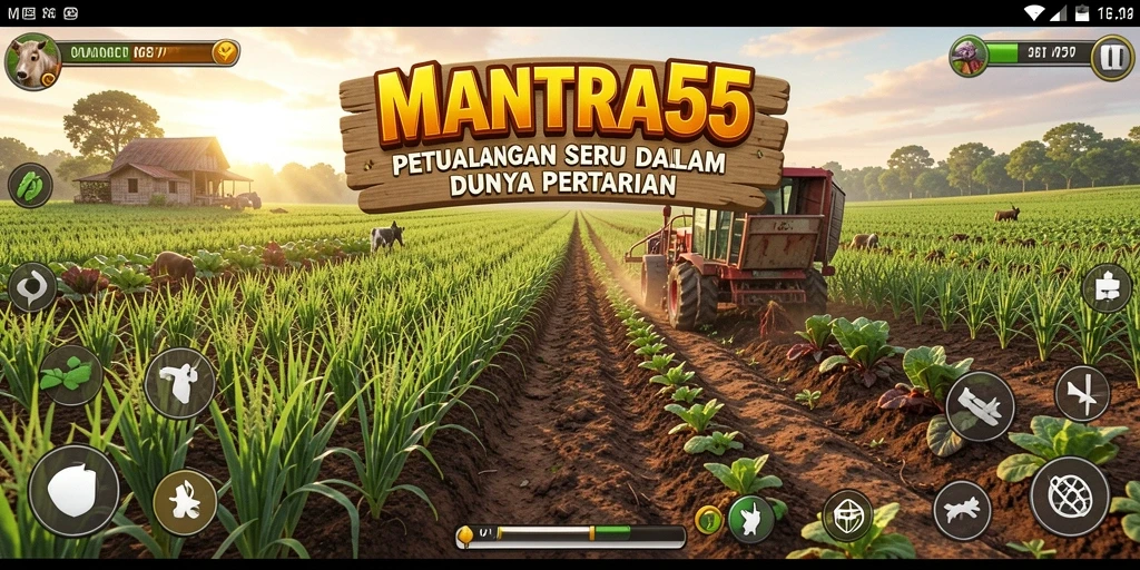 Tampilan layar permainan MANTRA55 menampilkan kebun yang subur dan hewan ternak.