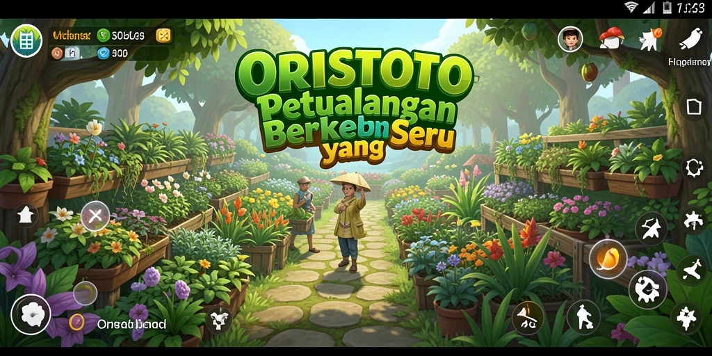 Screenshot gameplay ORISTOTO menampilkan kebun yang rimbun dan berwarna-warni.