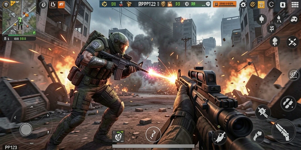 Screenshot utama PP123 menampilkan aksi pertempuran seru dalam gameplay TPS.