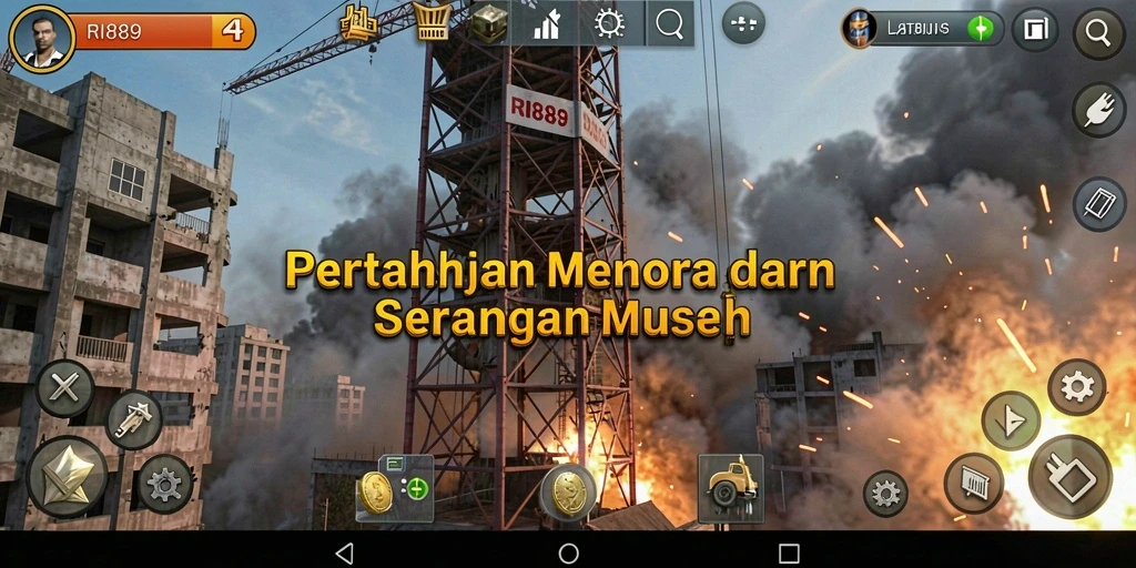 Screenshot gameplay RI889 yang menunjukkan menara pertahanan melawan gelombang musuh.