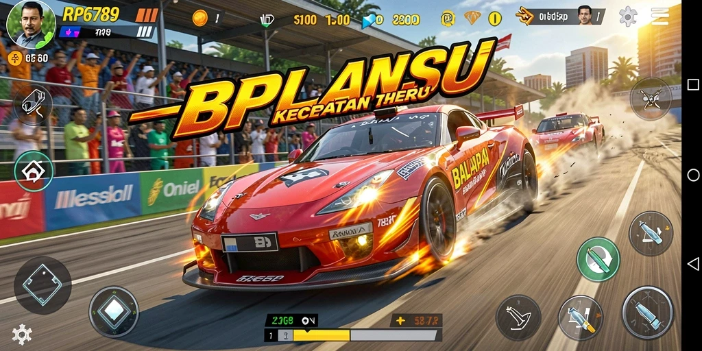 Tampilan gameplay seru dalam RP6789 dengan mobil balap cepat.