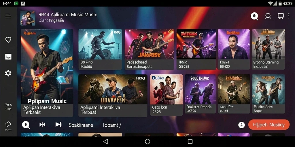 Screenshot menunjukkan gameplay interaktif RR44 dengan musik dan grafik menarik.